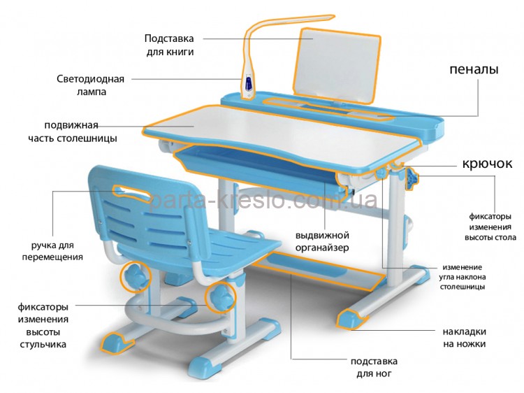 Комплект парта и стульчик Evo-kids BD-04 XL New с лампой